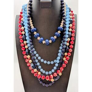Lot of Five Vintage Acrylic Red White Blue Beaded Necklaces to Mix or Match